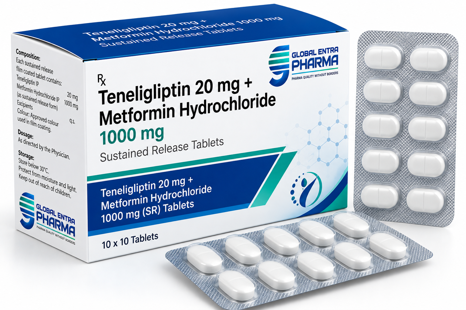 Teneligliptin 20 mg + Metformin Hydrochloride 1000 mg Sustained Release Tablets Manufacturer in India